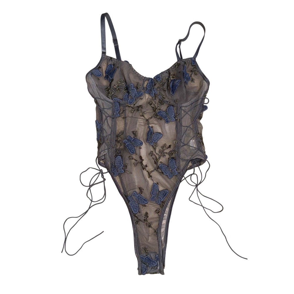 Gray Mesh Butterfly Embroidered Bodysuit Lace Up‎ Sides Blue Floral Size S